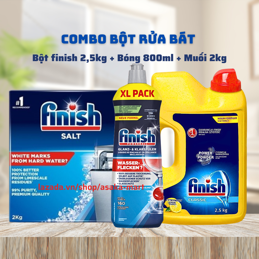 Combo Bột rửa bát finish Classic 2,5kg 2,2kg 1,2kg+ Muối finish 2kg+ Bóng finish 800ml dùng cho máy rửa bát chén