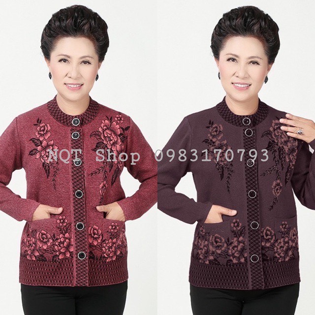 Áo len nữ trung niên, người già, bà già cổ tròn cài cúc