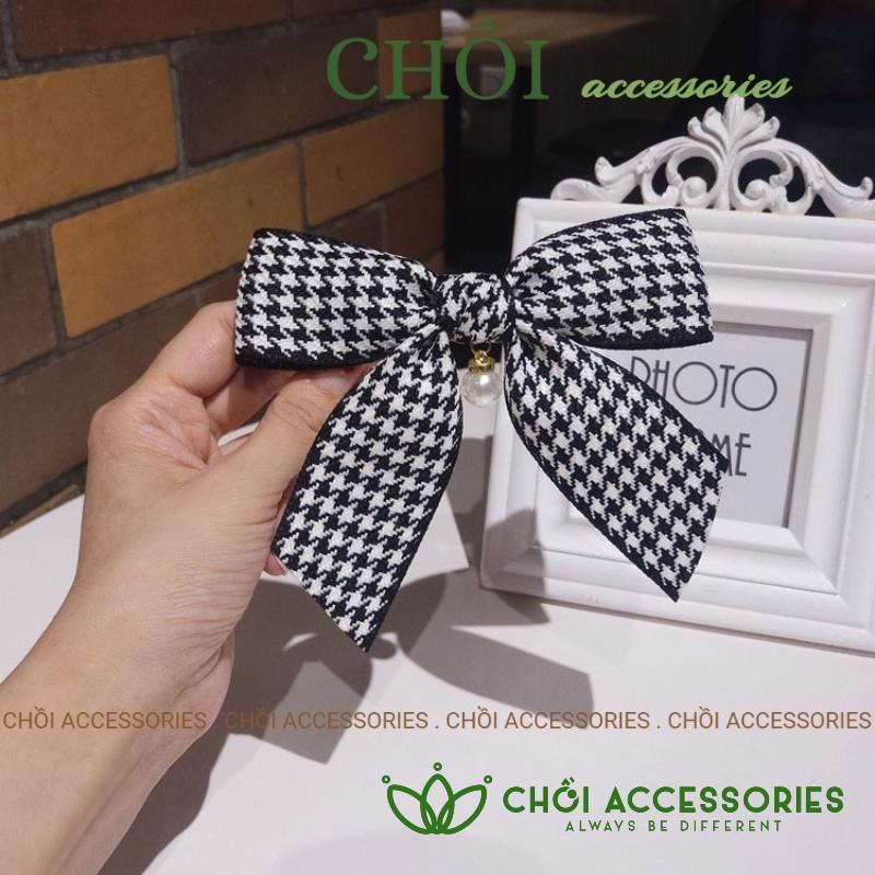Cặp tóc nơ, cặp tóc nữ nơ ruy băng caro đuôi rủ thanh lịch thời trang - Y136