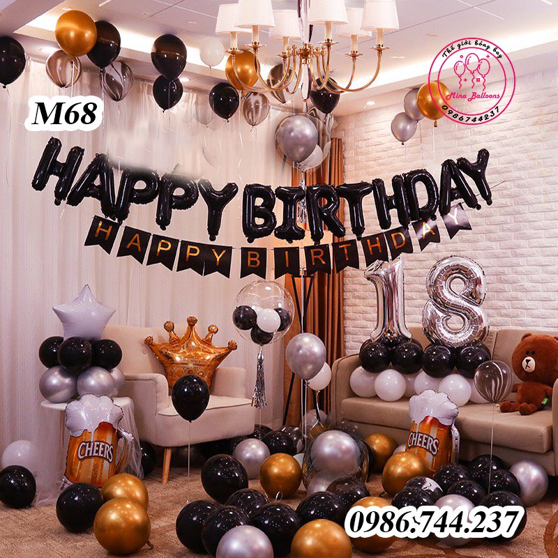 Set Bóng Trang Trí Sinh Nhật Happy Birthday Tông Màu Đen