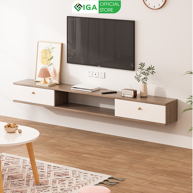 Kệ Tivi Treo Tường Tiết Kiệm Diện Tích 2 Ngăn Kéo Vân Gỗ Sồi Phong Cách The Nordic - GP188