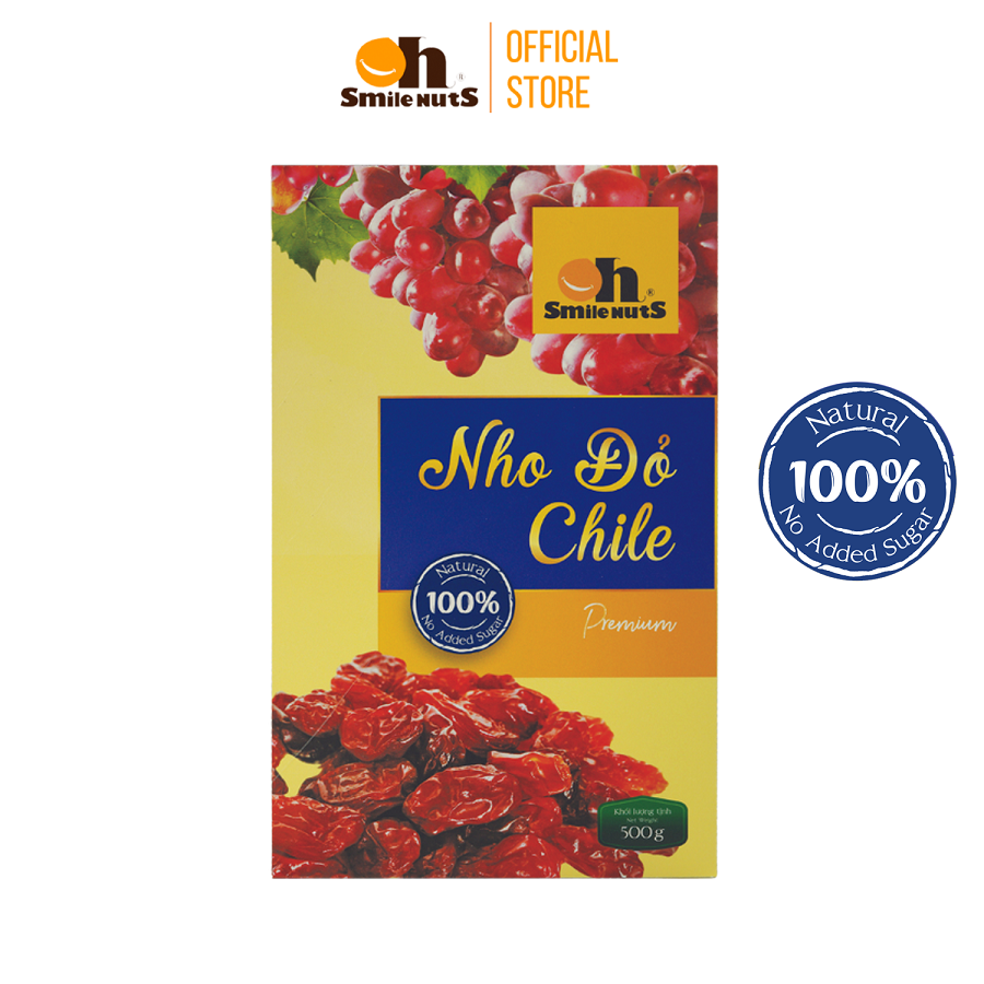 Nho khô đỏ nguyên cuống smile nuts hộp 500g - nhập khẩu từ chile