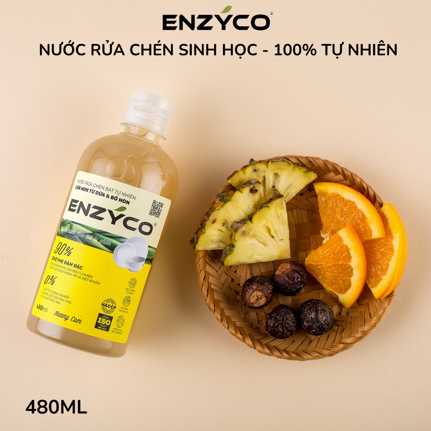 Nước Rửa Chén Hữu Cơ Lên Men Từ Dứa Và Bồ Hòn, Làm Sạch Chén Bát, Bảo Vệ Da Tay - Enzyco 480ML