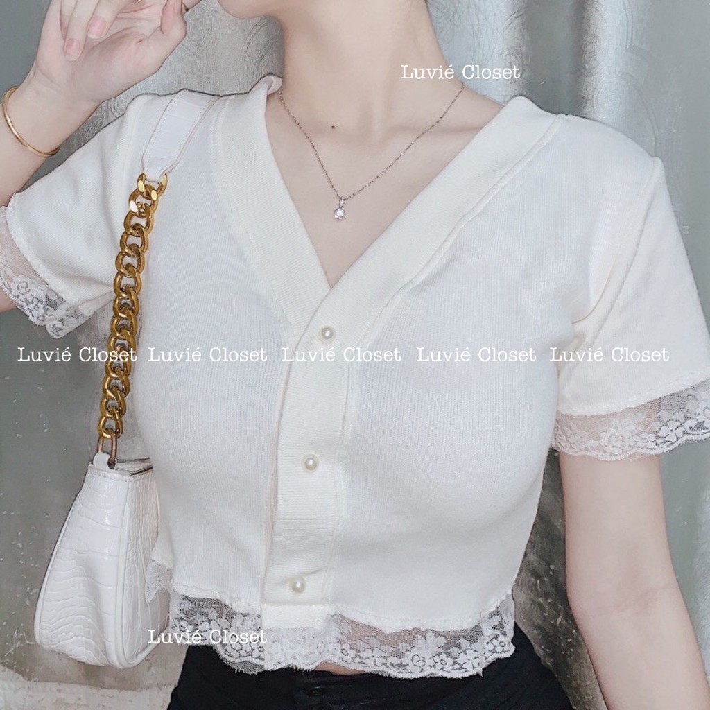Áo Croptop Viền Ren Cổ V, Áo Bánh Bèo Dễ Thương Tay Ngắn Luviecloset