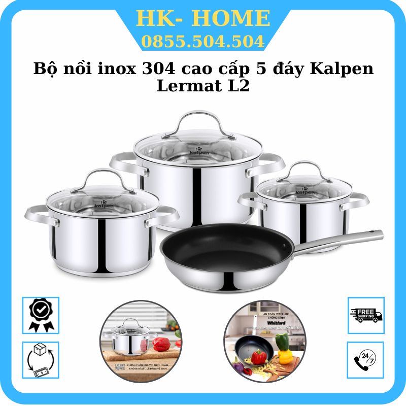 Bộ nồi inox 304 gòm 4 món thương hiệu Kalpen Lermat - Set 4 món nồi inox 5 đáy