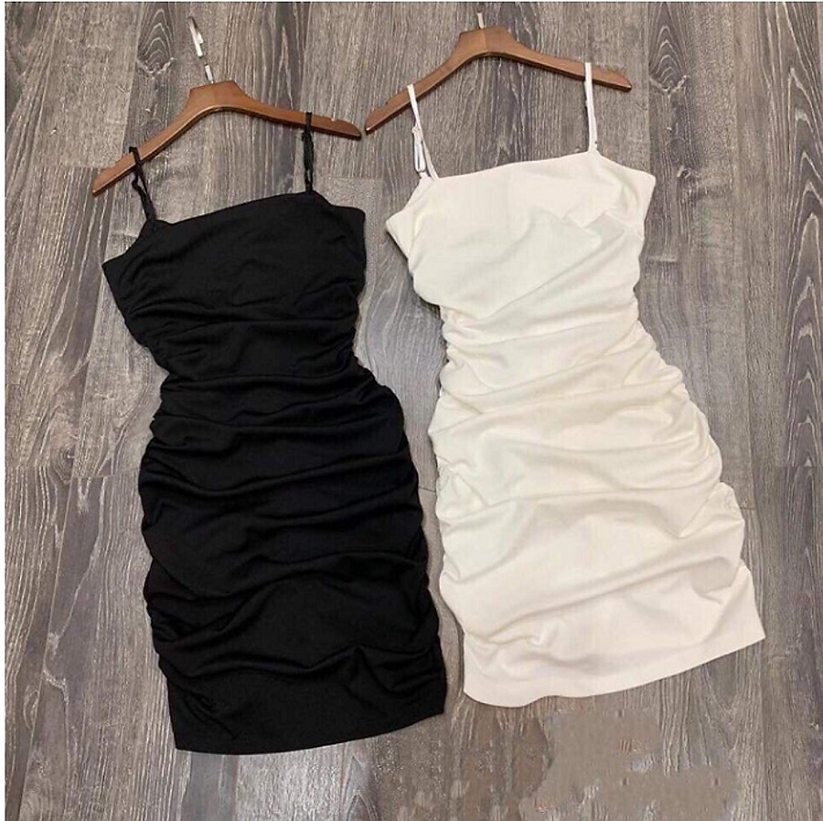 Váy Body 2 Dây Dúm Eo vải Thun Cotton Đẹp, 38-55KG, 2 Màu Đen và Trắng