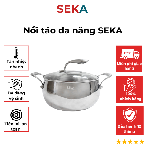 Nồi Táo Đa Năng Seka SK6080 size 22cm - Nồi nấu đa năng - Nồi inox 304 Seka hiện đại nắp kính trong 