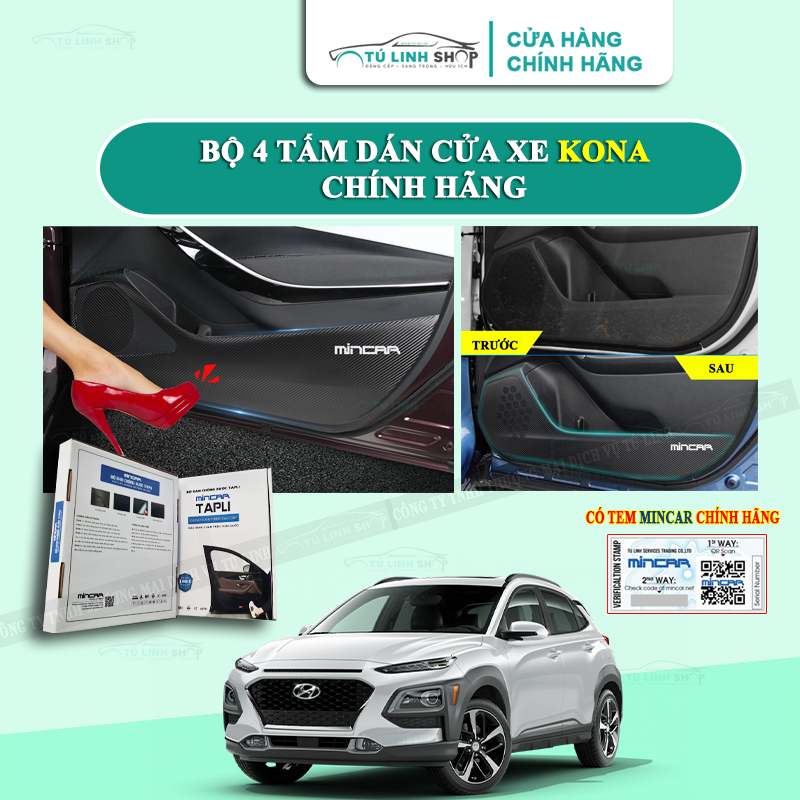 Bộ 4 Tấm dán Tapli xe KONA chính hãng MINCAR, chống xước tapi cửa ô tô bằng Carbon Air Fiber cao cấp