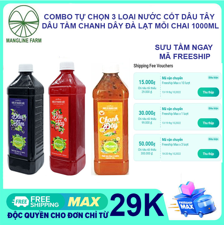 [FREESHIP 15K CHO ĐƠN 29K] Combo tự chọn 3 loại nước cốt dâu tây dâu tằm chanh dây Đà Lạt  lên men tự nhiên giúp làm đẹp da sáng mắt tăng cường sức đề kháng đặc sản Đà Lạt