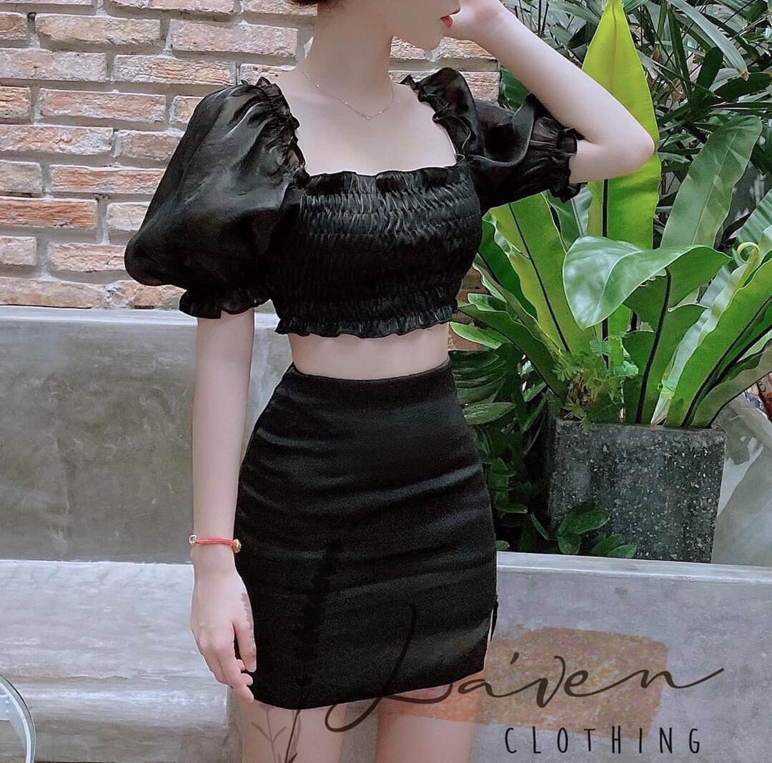 Sét áo croptop cộc tay ôm body phối chân váy dài cực xinh  chất thun bozip  mềm  Shopee Việt Nam