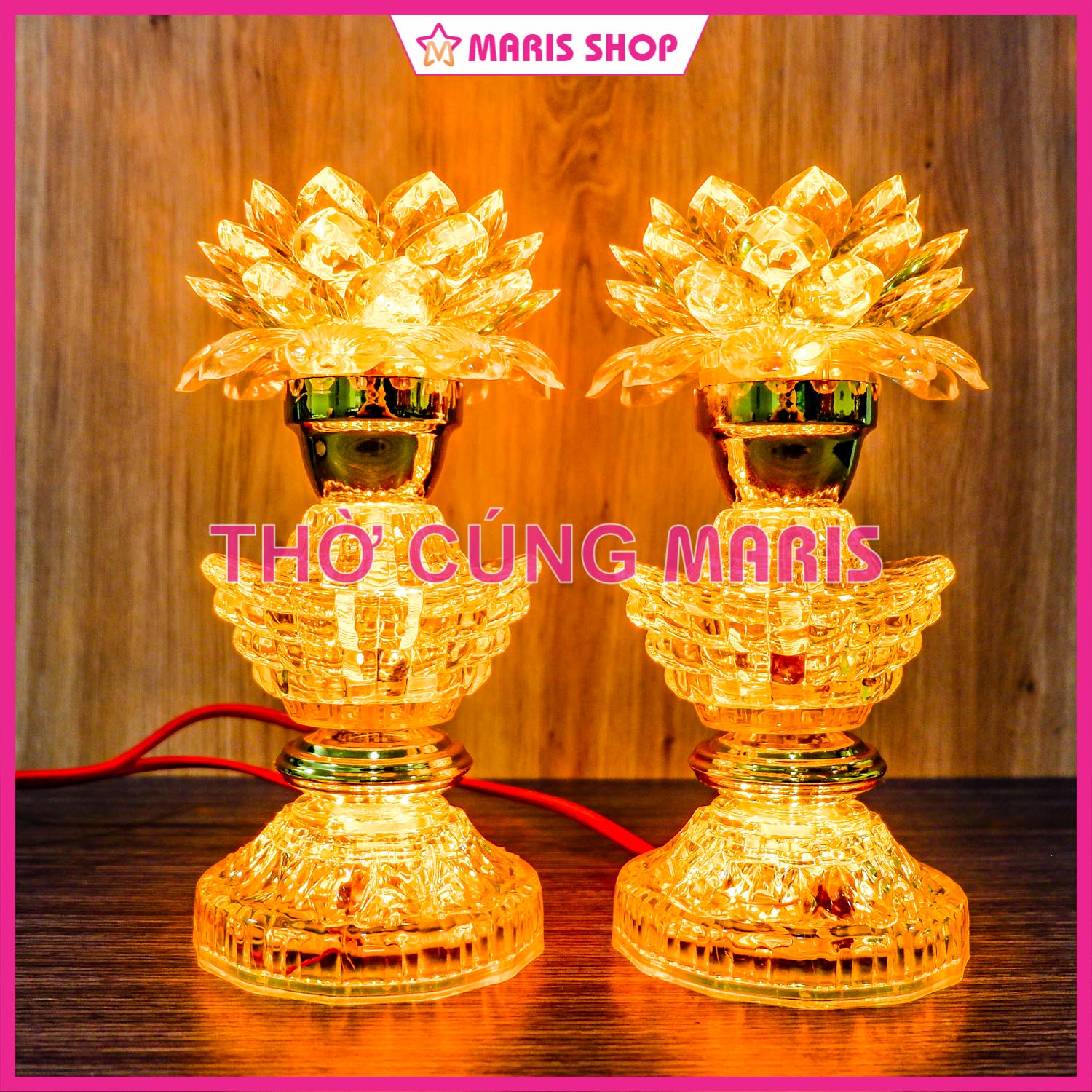 Đèn thờ hoa sen led màu vàng 3 tầng hình thỏi vàng cao 20cm để bàn thờ phật, đèn thờ cúng