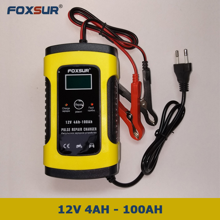 Sạc bình ắc quy 12V ô tô xe máy 4Ah - 100Ah FOXSUR tự ngắt khi đầy chức năng bảo dưỡng phục hồi ắc quy bằng khử sunfat chống ngược cực