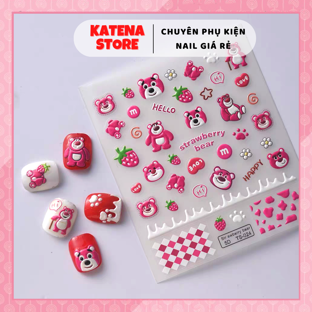 Sticker Dán Trang Trí Móng Tay 5D Nổi Hình Gấu Dâu Lotso Strawnberry Bear
