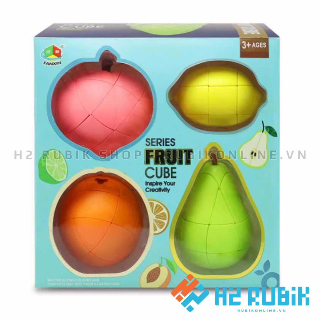 Bộ rubik hoa quả 4 loại đào, chanh, cam, lê fanxin fruit cube 3x3 cao cấp biến thể rubik 3x3