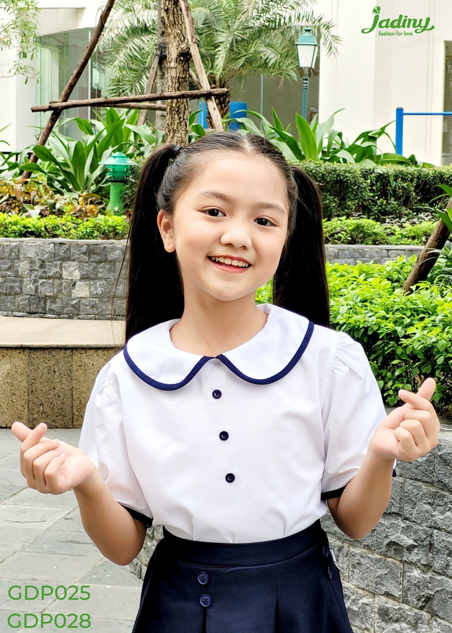 Áo sơ mi bé gái cổ lá sen phối viền 3 nút đồng phục học sinh nữ