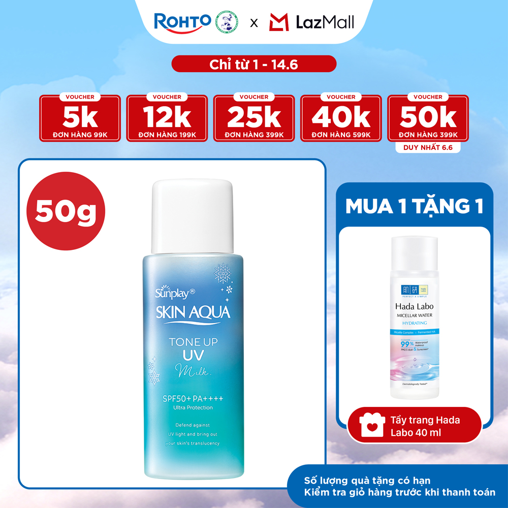 Kem chống nắng nâng tông Skin Aqua Tone up Blue cho da vàng có khuyết điểm đỏ, dạng sữa Sunplay Skin Aqua Tone Up UV Milk Blue SPF 50+ PA++++ 50g