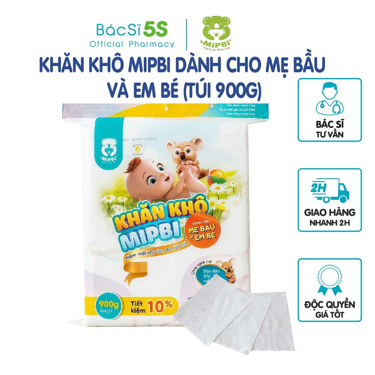 Khăn vải khô Mipbi chính hãng, khăn khô đa năng, cao cấp dành cho mẹ và bé