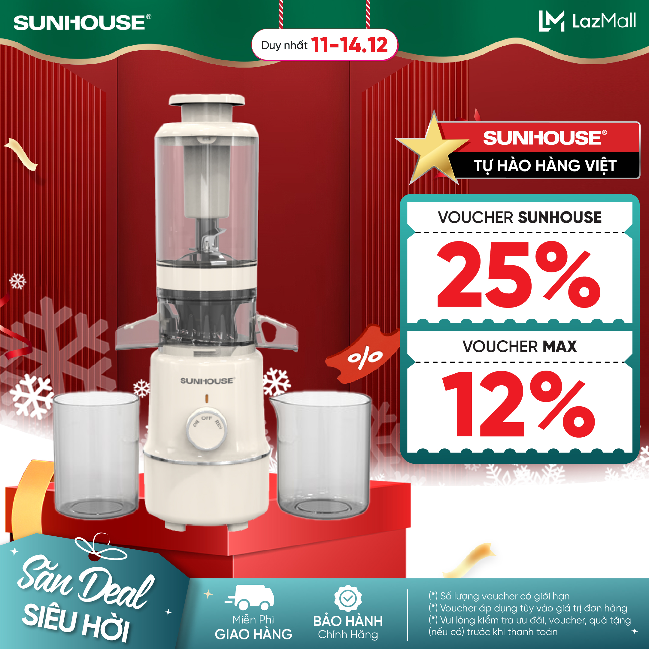 ƯU ĐÃI 2 TẦNG VOUCHER Máy ép chậm SUNHOUSE SHD5515 - Làm kem mịn Công suất mạnh Ép kiệt bã - Bảo hành 12 tháng