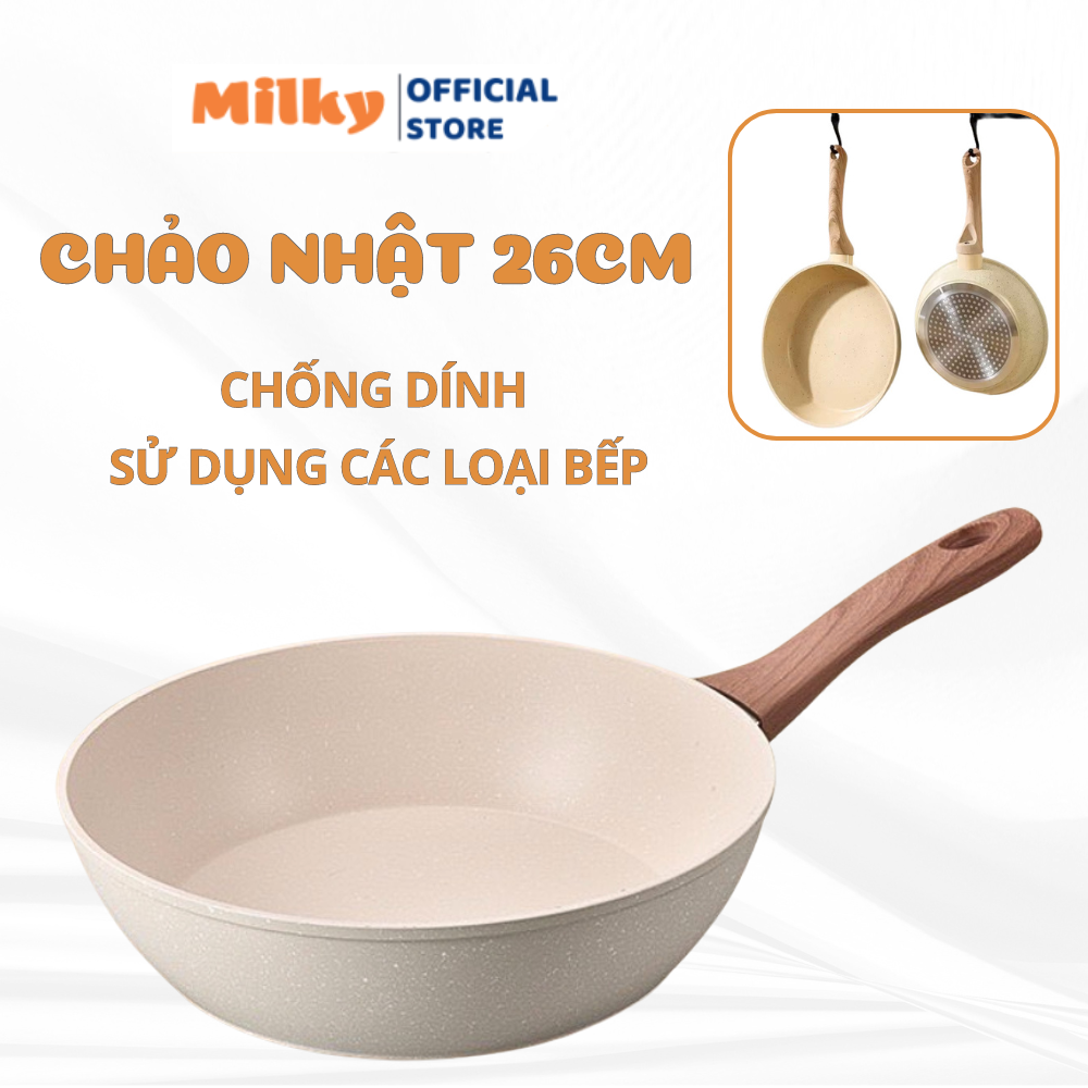 Chảo Chống Dính Vân Đá Cao Cấp Dùng Cho Bếp Từ Và Bếp Gas, Chảo Xào nấu Màu Kem 26cm