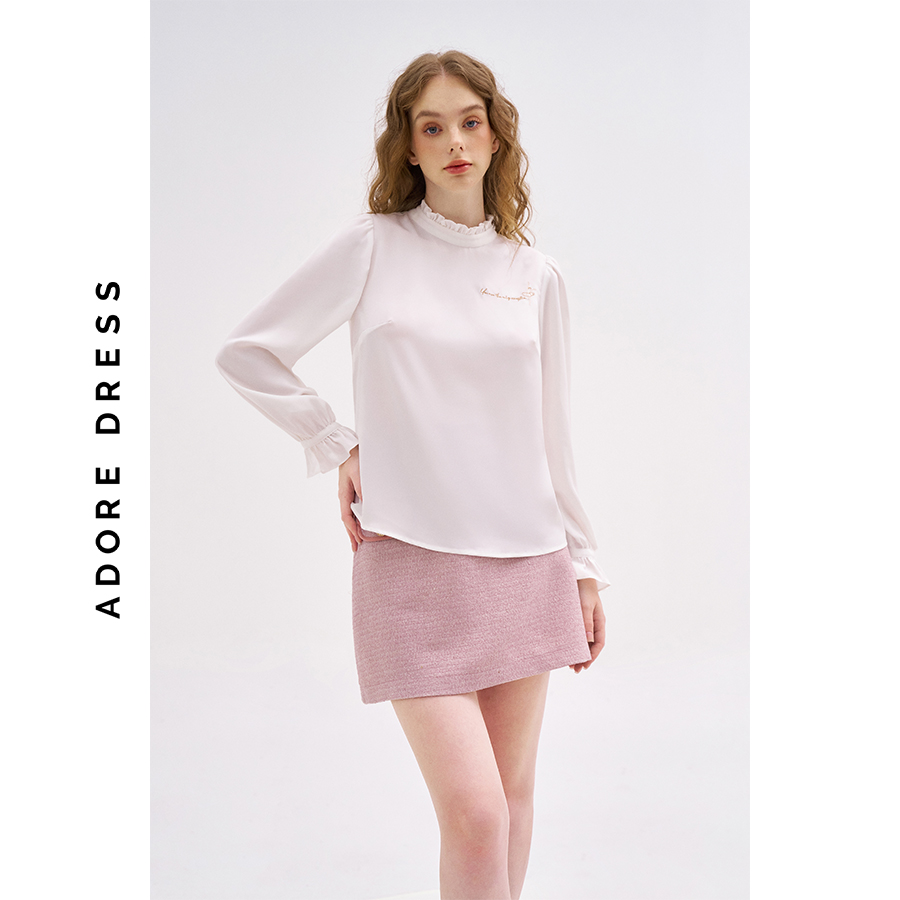 Áo sơ mi tops casual style lụa trắng thêu cổ bèo 312to1105 adoredress