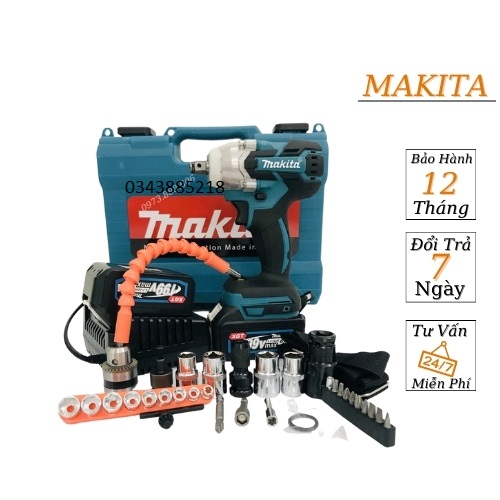 MÁY SIẾT BULONG MAKITA 199V TẶNG BỘ PHỤ KIỆN BẮT VÍT KHOAN BÚA CẦM TAY KHÔNG CHỔI THAN