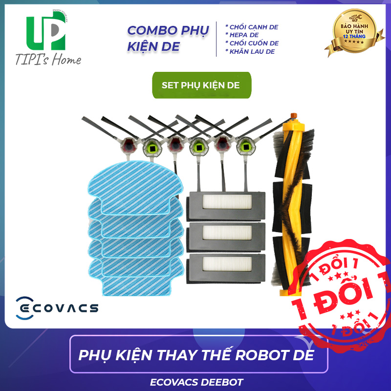 Set combo phụ kiện thay thế robot hút bụi Ecovacs Deebot DE, chổi giữa de, chổi cạnh de, màng lọc hepa de, khăn lau de, chính hãng, 1 đổi 1 -TiPiHome