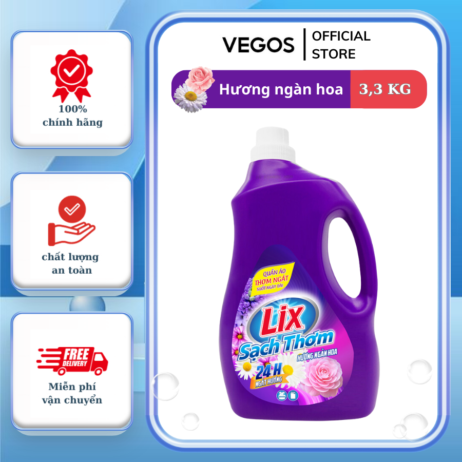 Nước giặt lix sạch thơm hương ngàn hoa chai 3.3kg - thơm ngát suốt ngày dài - n7101