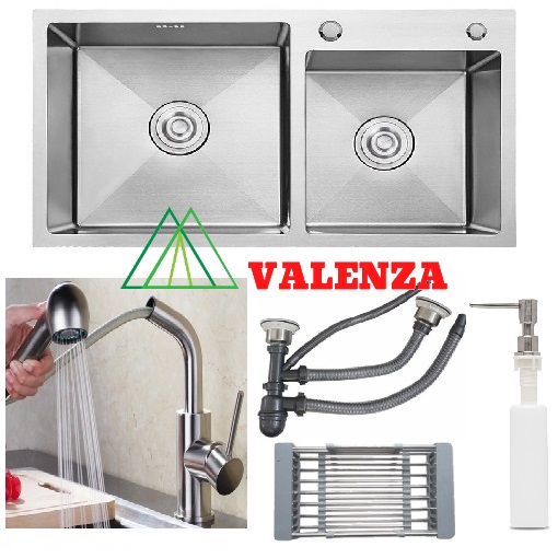 Combo chậu rửa chén bát inox Valenza 8245 hai hố lệch, vòi rửa bát đầu rút 02, bộ xả chậu, rá inox đa năng, bình xà phòng