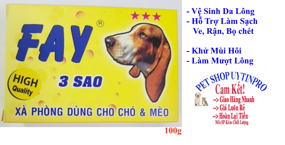 [Hoàn tiền 10%]  XÀ PHÒNG TẮM CHO THÚ CƯNG CHÓ MÈO Fay 3 Sao Vệ sinh da lông Làm sạch ve rận bọ chét Khử mùi hôi Sản xuất tại Việt Nam - Pet shop Uytinpro