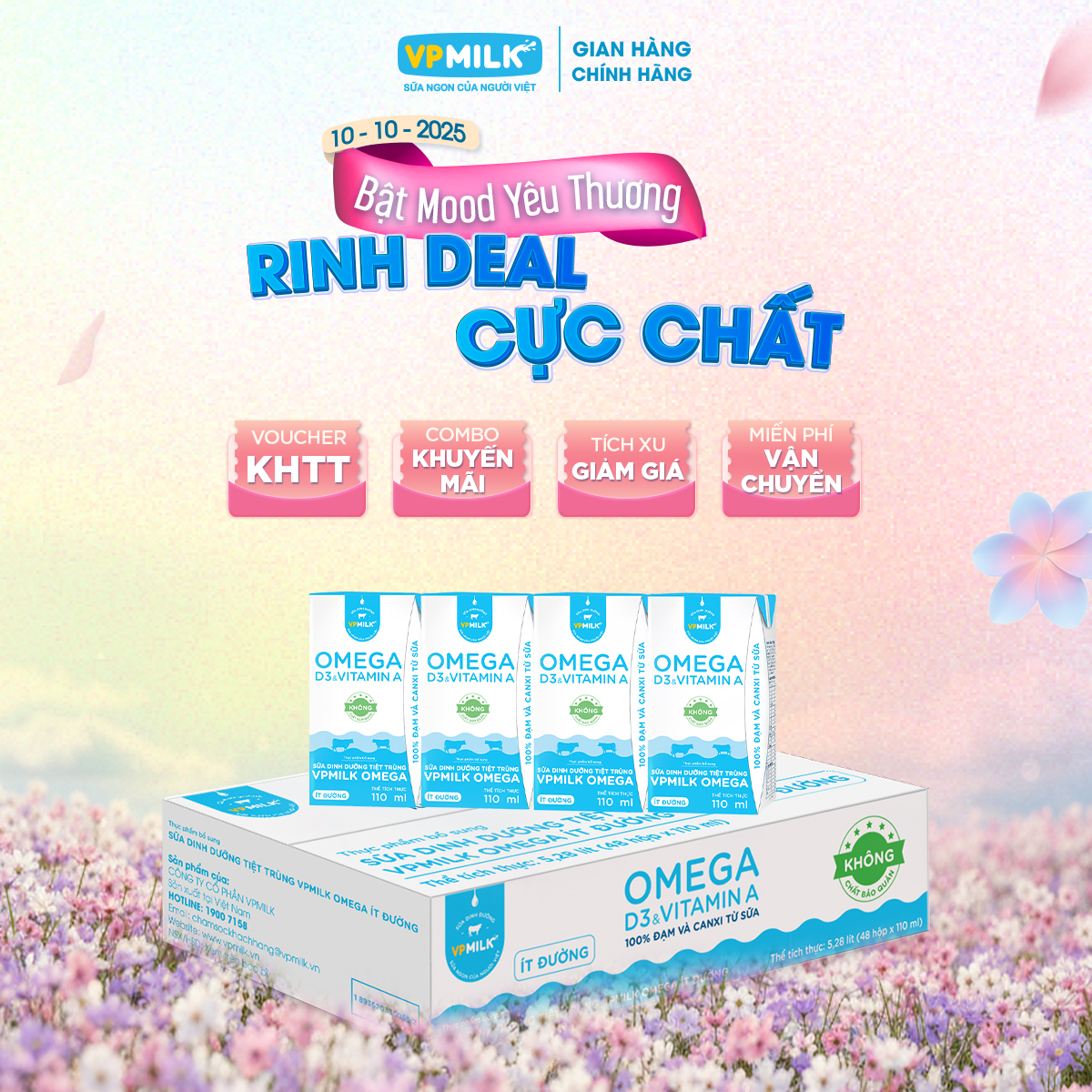   Thùng 48 hộp 110ml  Sữa Dinh Dưỡng Tiệt Trùng VPMilk Omega ÍT ĐƯỜNG dạng hộp 