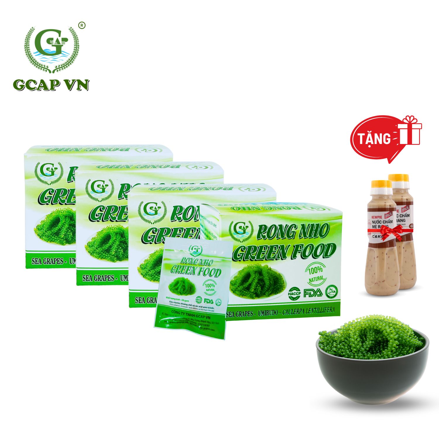 Combo 4 hộp rong nho tách nước GREEN FOOD (mỗi hộp 200 gram gồm 10 túi 20 gram) + tặng kèm 2 chai xốt mè rang 180 ml