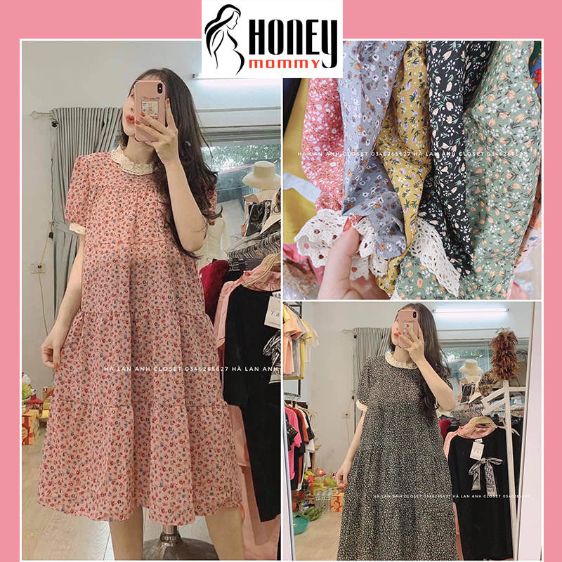 Váy Bầu Hoa Nhí Cổ Ren Mùa Hè Kèm Đai Thắt HD2821 Honey Mommy, Đầm Bầu Công Sở Dáng Dài