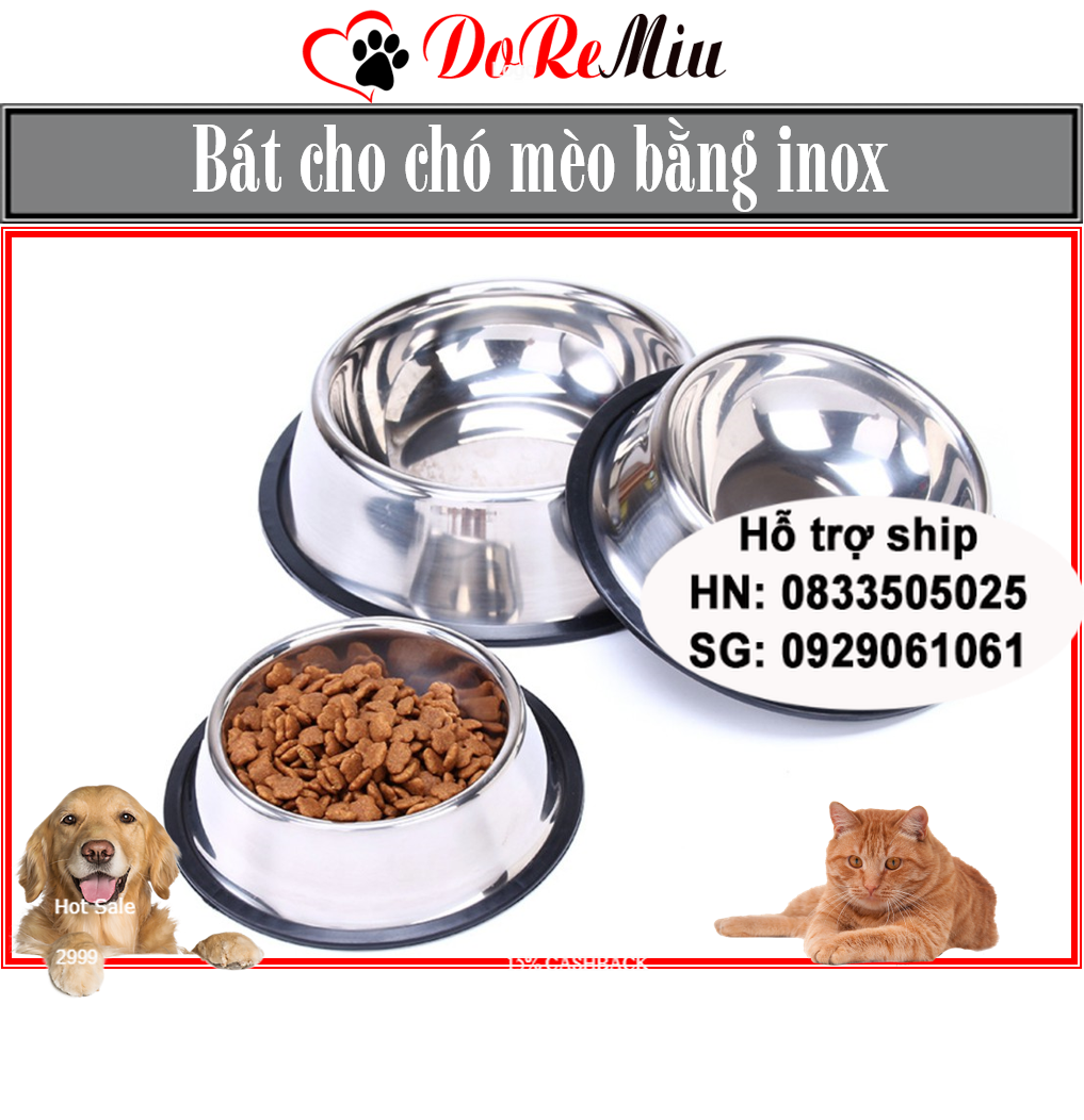 Doremiu- Bát ăn chó mèo bằng inox Không màu (bảo hành 12 tháng gỉ sét hoàn tiền 100%) có đế cao su