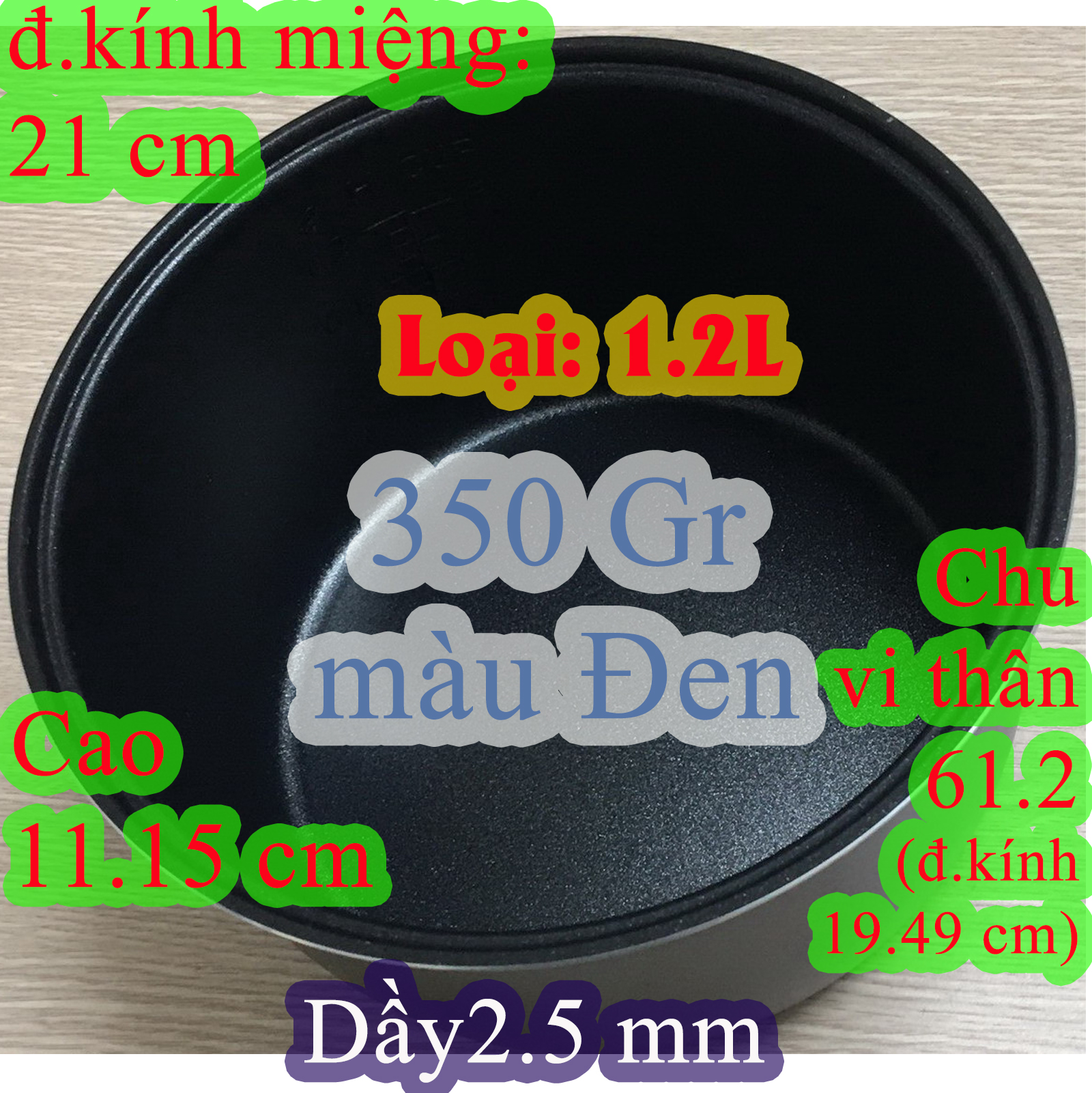 Lòng nồi cơm điện 1.2 L chống dính màu đen, nặng 350 gr