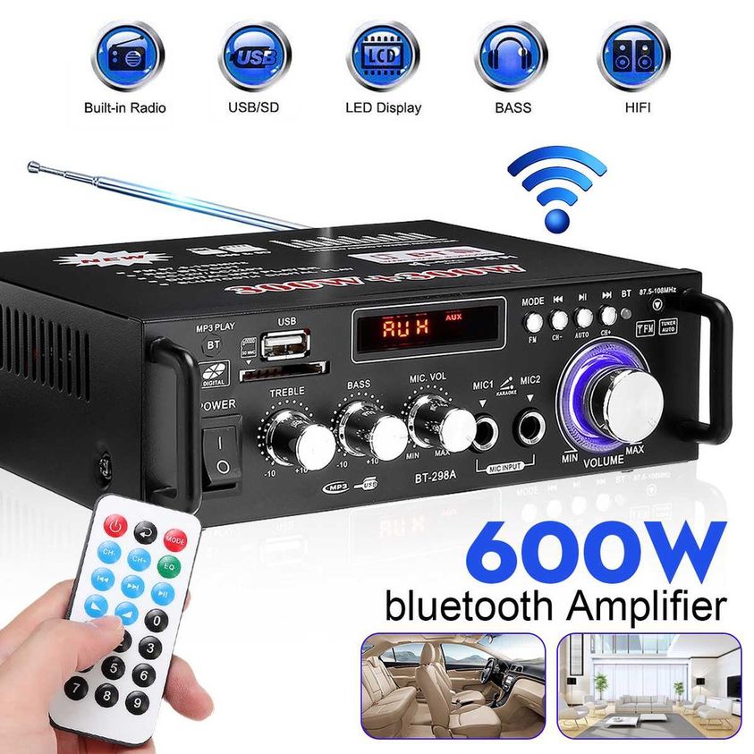 Ampli mini karaoke bluetooth cao cấp bt-298a, công suất 2 kênh 600w tự động lọc nhiễu và tạp âm âm thanh chuyên nghiệp, công nghệ hiện đại tiện lợi, bảo hành uy tín 1 năm trên toàn quốc.