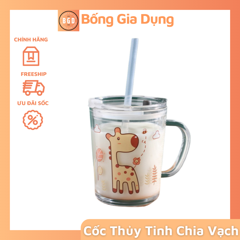 Cốc Nước, Ly Pha Sữa Thuỷ Tinh Có Nắp Đậy, Vạch Chia Cực Kỳ Tiện Lợi Kích Thước 11.7*9cm