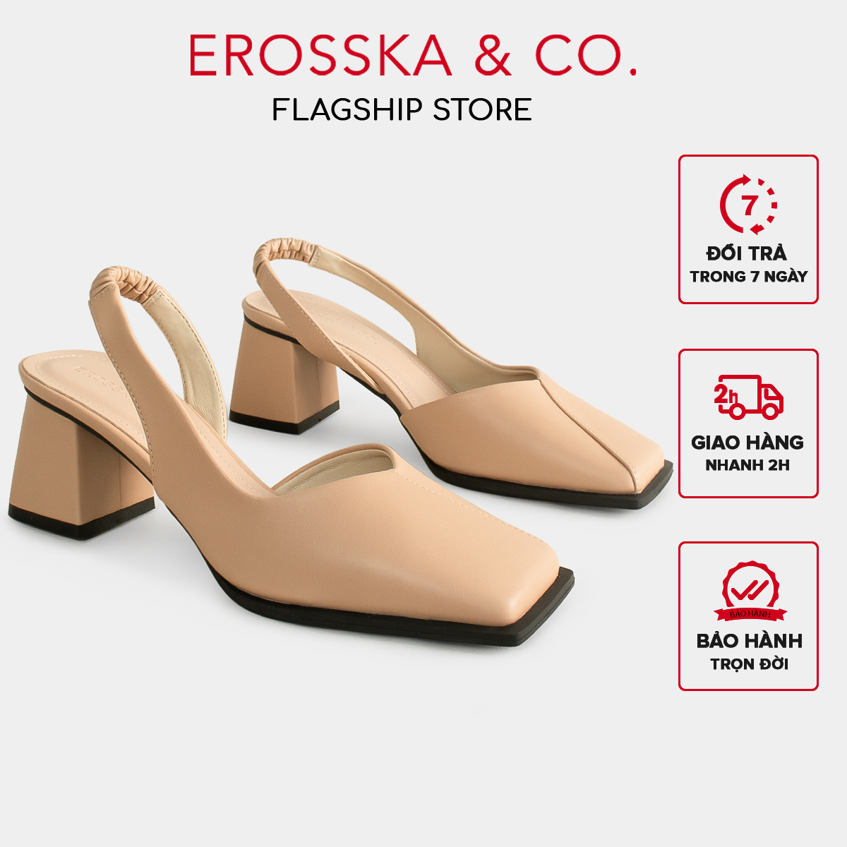  Erosska - Giày cao gót nữ mũi vuông dây quai mảnh nhún sau nude cao 6cm - EL027 