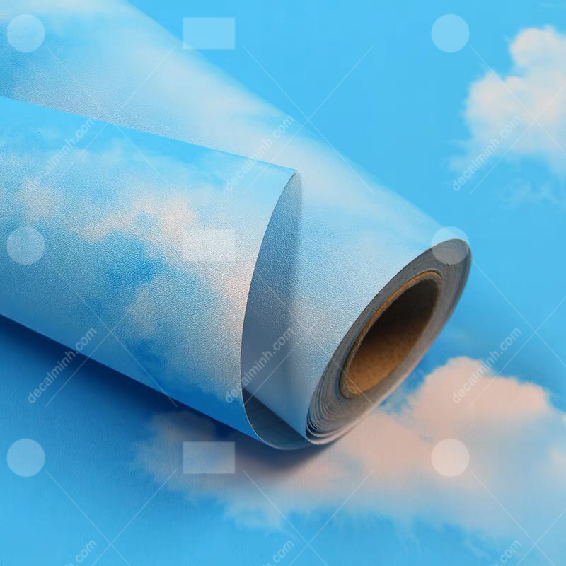 Giấy dán tường phòng khách 3D mây trời xanh khổ 60cm x 5m, Decal trang trí phòng ngủ màu trắng