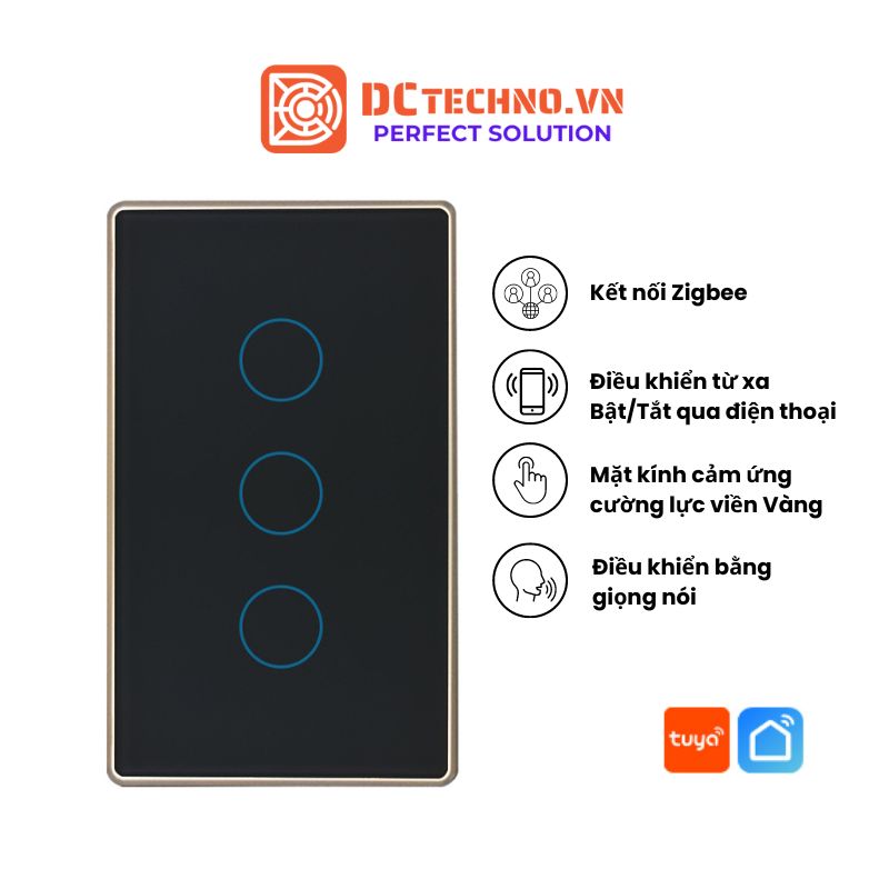 Công tắc thông minh mặt kính cảm ứng Zigbee Tuya viền vàng cao cấp