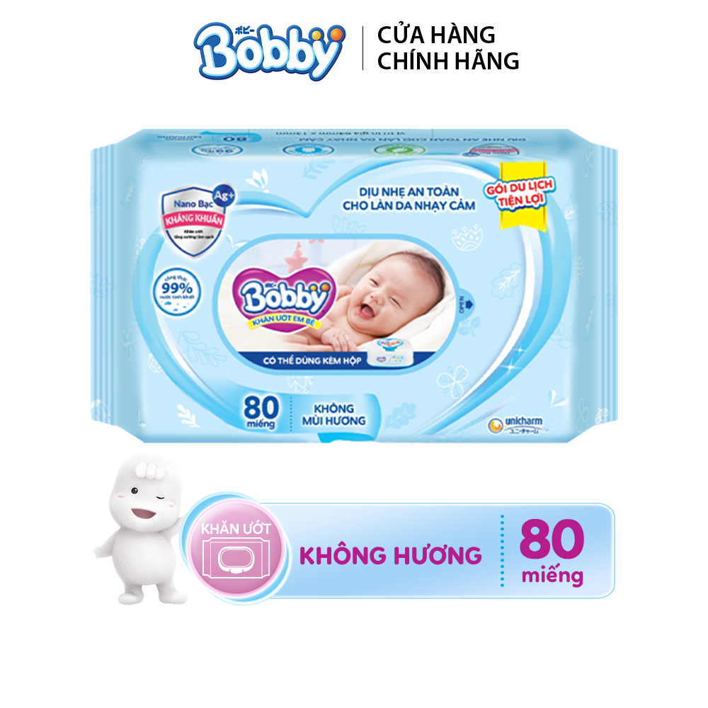 Khăn giấy ướt Bobby không mùi gói bổ sung 80 tờ (Xanh)