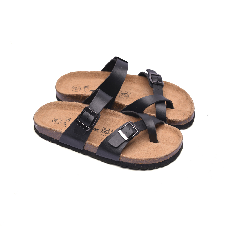 Dép đế trấu unisex xỏ ngón da pu đen