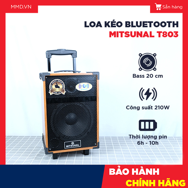Loa kéo bluetooth mitsunal t803m v-bass 20, xử dụng 6h liên tục, tặng kèm 2 mic, công suất 210w, bảo hành 6 tháng