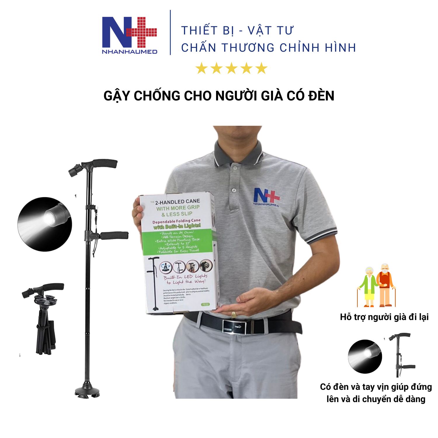 Gậy Chống Cho Người Già Cao Cấp Kết Hợp Đèn Pin Và Tay Vịn Có Thể Gấp Gọn Chống Trượt