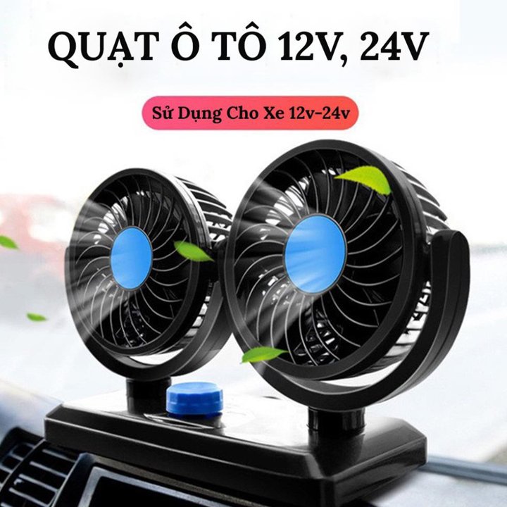 Quạt máy đôi mini 12v, 24v xoay 360 tiện ích trên ô tô, xe hơi cao cấp