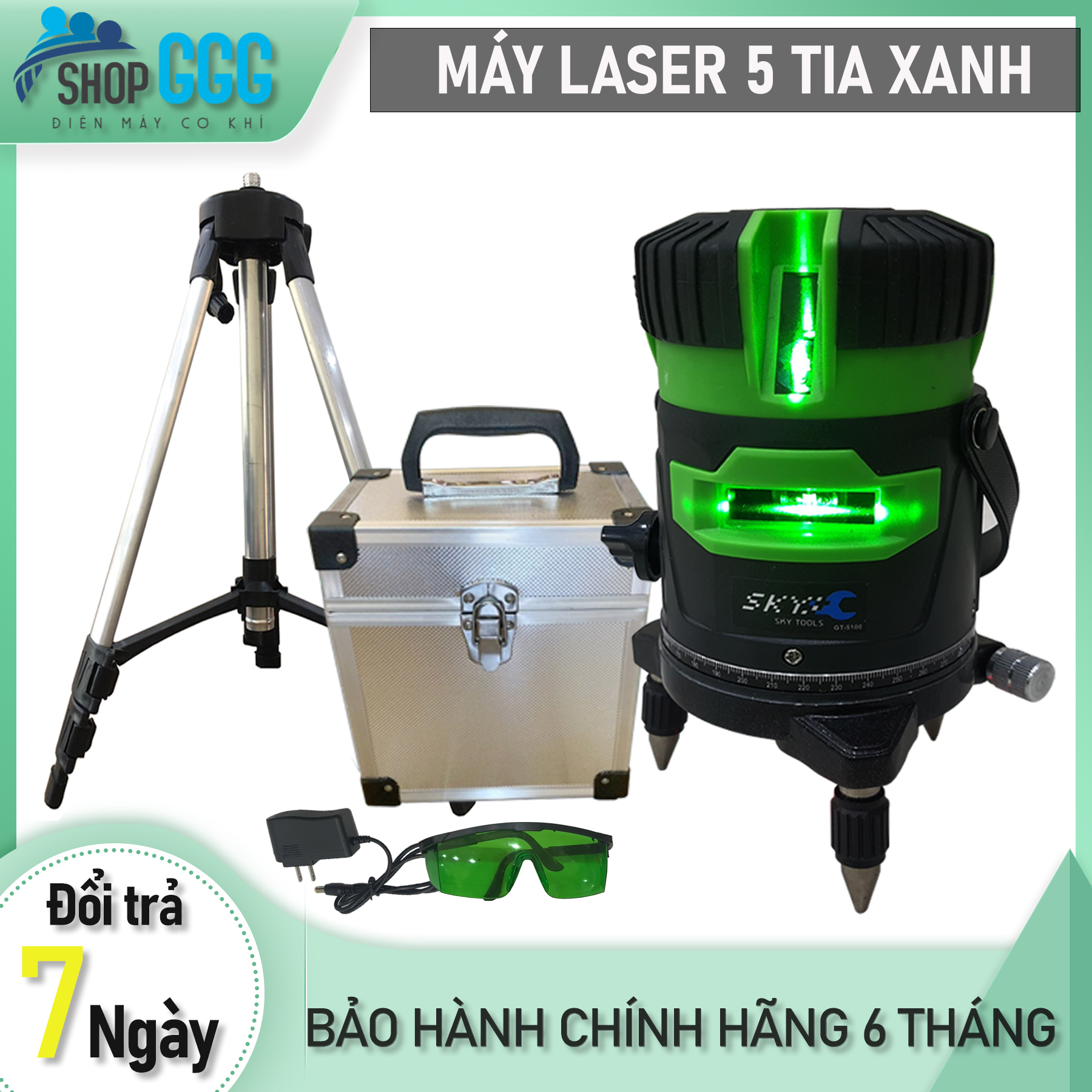 Máy bắn cốt laser, Máy cân bằng laser 5 tia xanh hãng GGG 5100 - Phạm vi hoạt động 20-30m, tia nhỏ rõ nét sử dụng pin sạc và pin tiểu. Bảo hành 6 tháng | Máy cân mực, máy cân bằng, máy laze