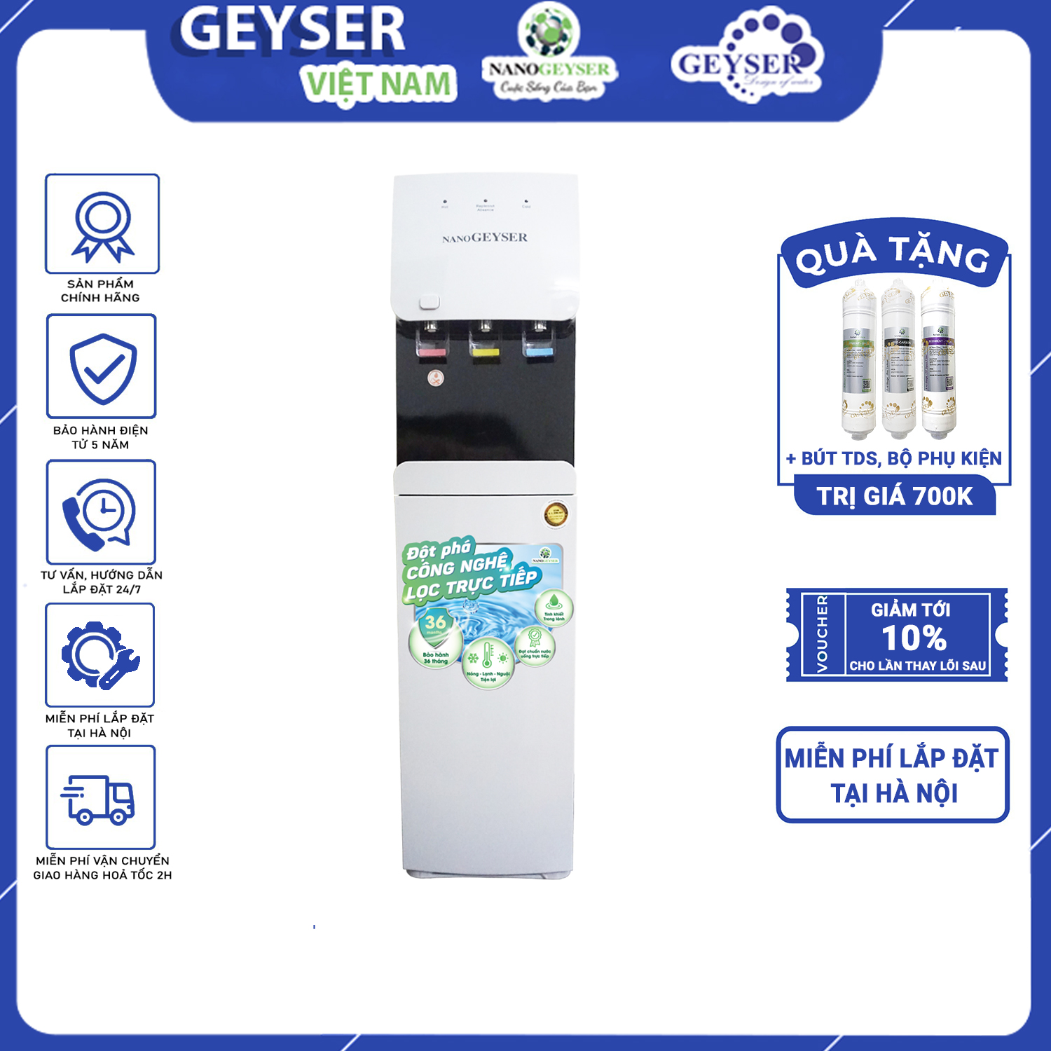Cây nước nóng lạnh 3 chế độ tích hợp bộ lọc RO 8 Cấp Geyser G22, Tặng kèm bộ lọc thô & Bút thử nước
