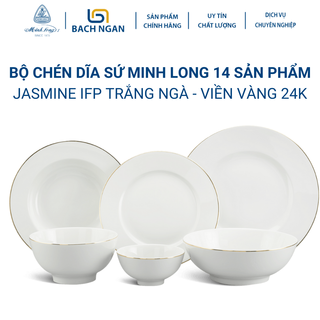 Bộ chén dĩa sứ Minh Long 14 sản phẩm - Jasmine IFP - Viền Chỉ Vàng dùng cho gia đình, sứ đẹp cao cấp dùng đãi khách, tặng quà tết - bộ bàn ăn