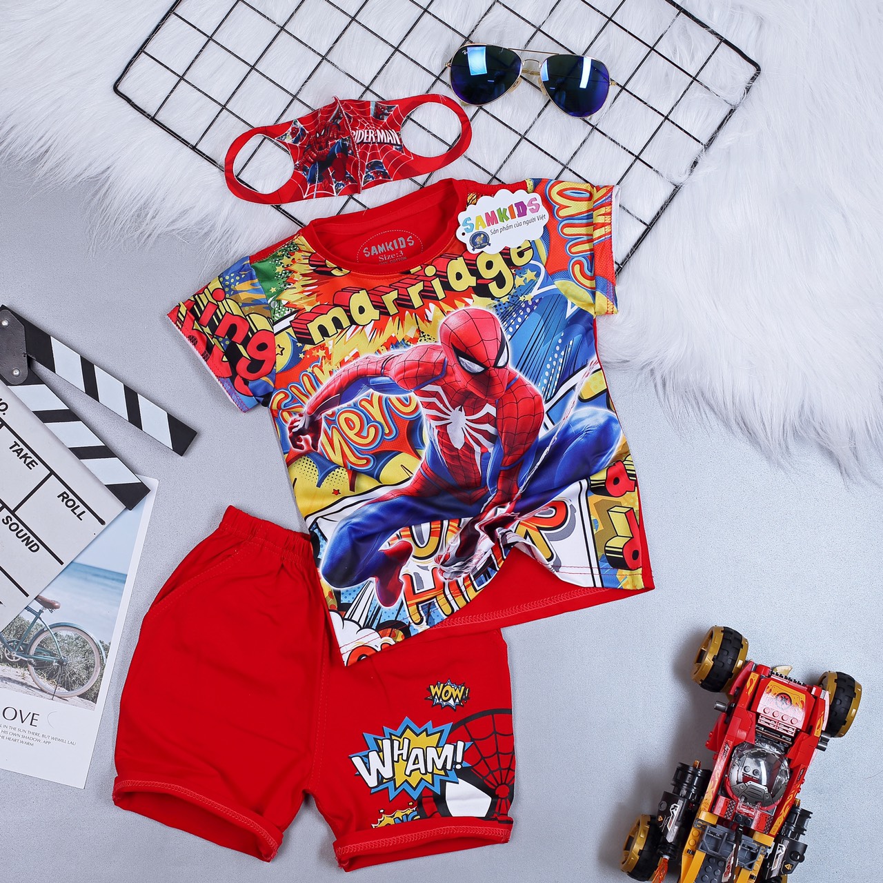 [HCM]Bộ đồ siêu nhân người nhện tặng kèm khẩu trang siêu anh hùng cho bé