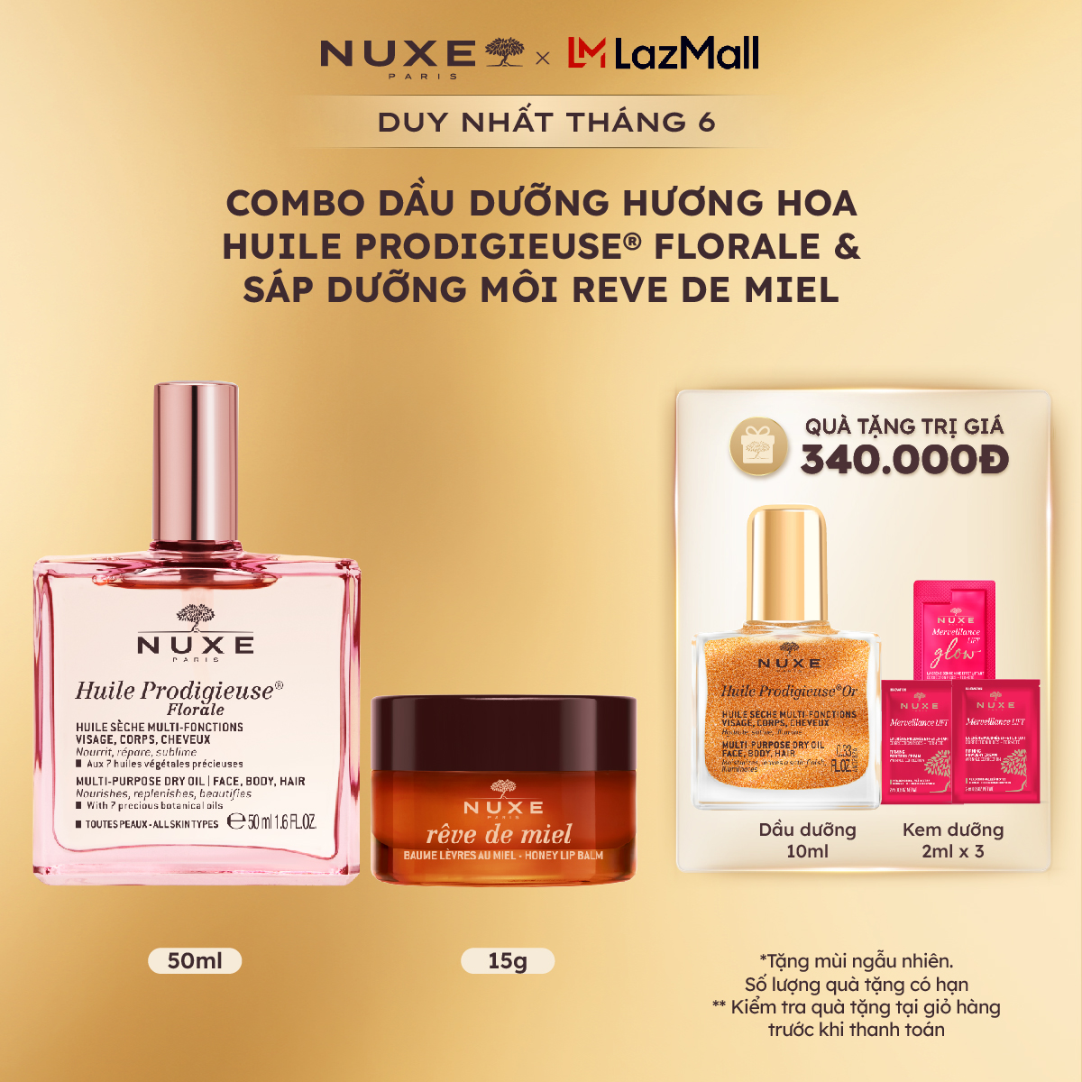 Combo Dầu dưỡng khô đa năng Hương Hoa Huile Prodigieuse Florale Multi-purpose 50ml  Sáp dưỡng môi dạng hũ Nuxe Reve De Miel Honey 15g