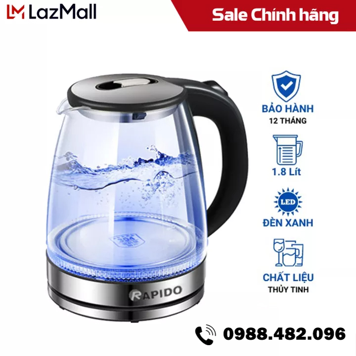 Ấm đun nước, bình đun nước siêu tốc, ấm siêu tốc, ấm đun nước thông minh bình siêu tốc có đèn led chính h ãng rapido 1.8l công suất lớn, bình đun siêu tốc giá rẻ